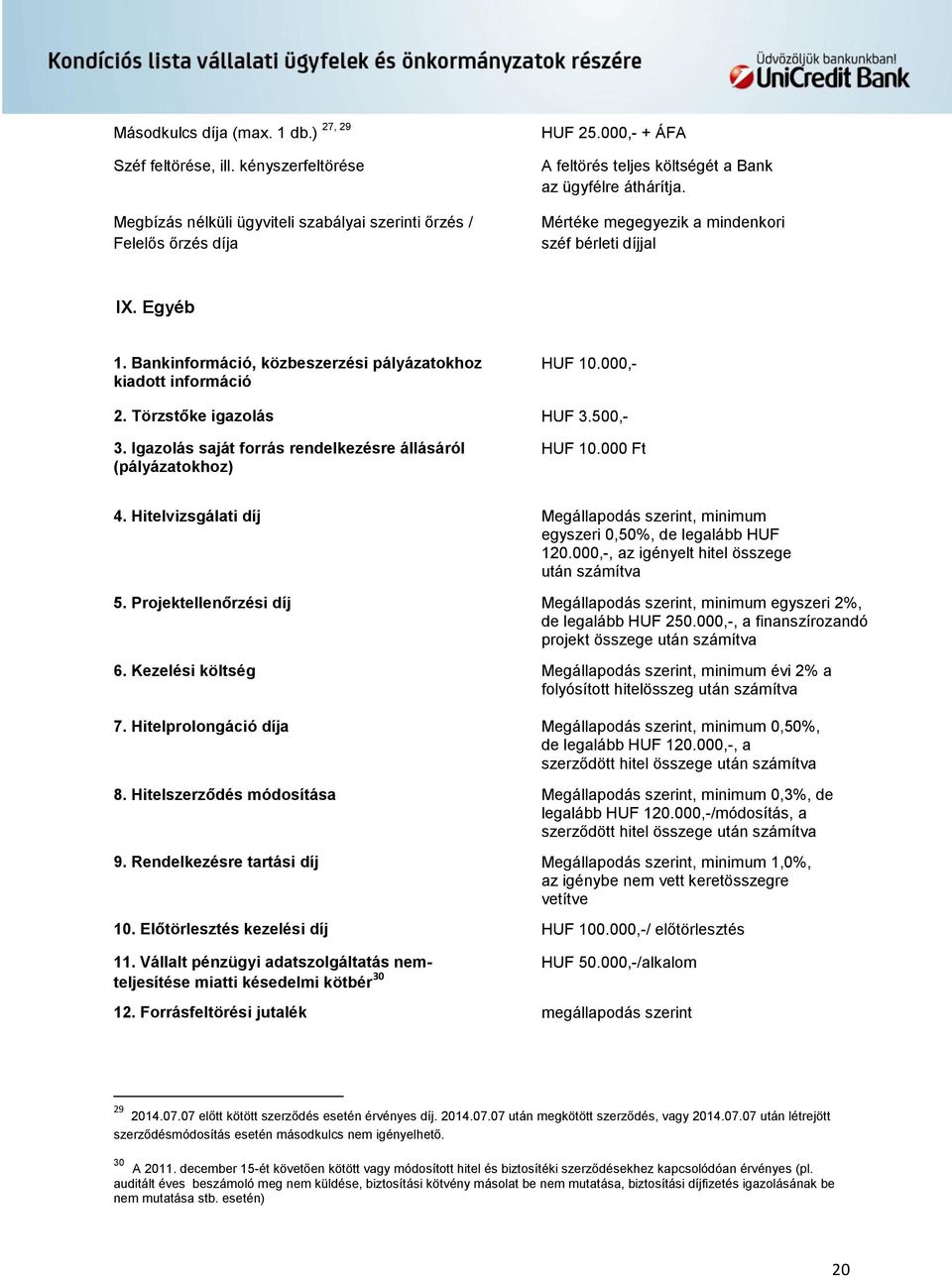 Bankinformáció, közbeszerzési pályázatokhoz kiadott információ HUF 10.000,- 2. Törzstőke igazolás HUF 3.500,- 3. Igazolás saját forrás rendelkezésre állásáról (pályázatokhoz) HUF 10.000 Ft 4.