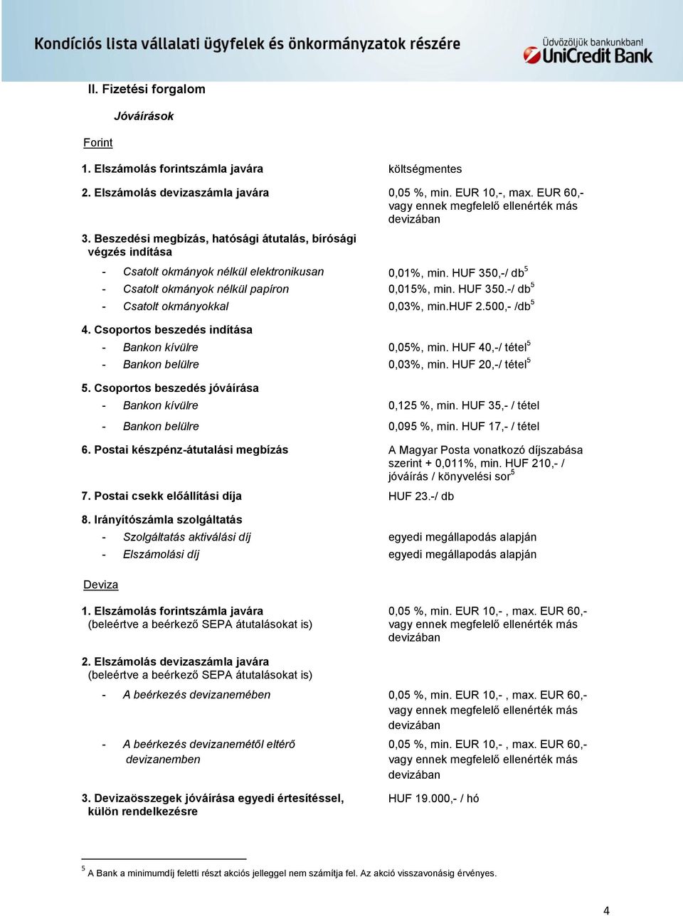 huf 2.500,- /db 5 4. Csoportos beszedés indítása - Bankon kívülre 0,05%, min. HUF 40,-/ tétel 5 - Bankon belülre 0,03%, min. HUF 20,-/ tétel 5 0,03%, min. HUF 17,-/ tétel 5.