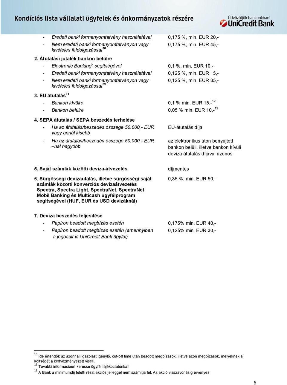 EUR 15,- - Nem eredeti banki formanyomtatványon vagy kivételes feldolgozással 10 0,125 %, min. EUR 35,- 3. EU átutalás 11 - Bankon kívülre 0,1 % min. EUR 15,- 12 - Bankon belülre 0,05 % min.