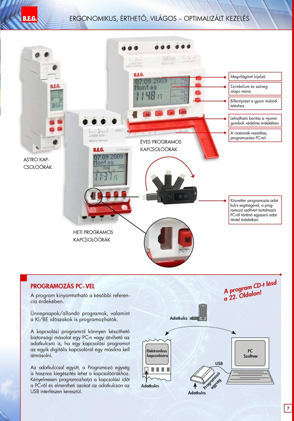 Éves programos kapcsolóórák A csatornák vezérlése, programozása PC-vel ASTRO kapcsolóórák Közvetlen programozás adatkulcs segítségével, a programozó szoftvert tartalmazó PC-ről történő egyszerű