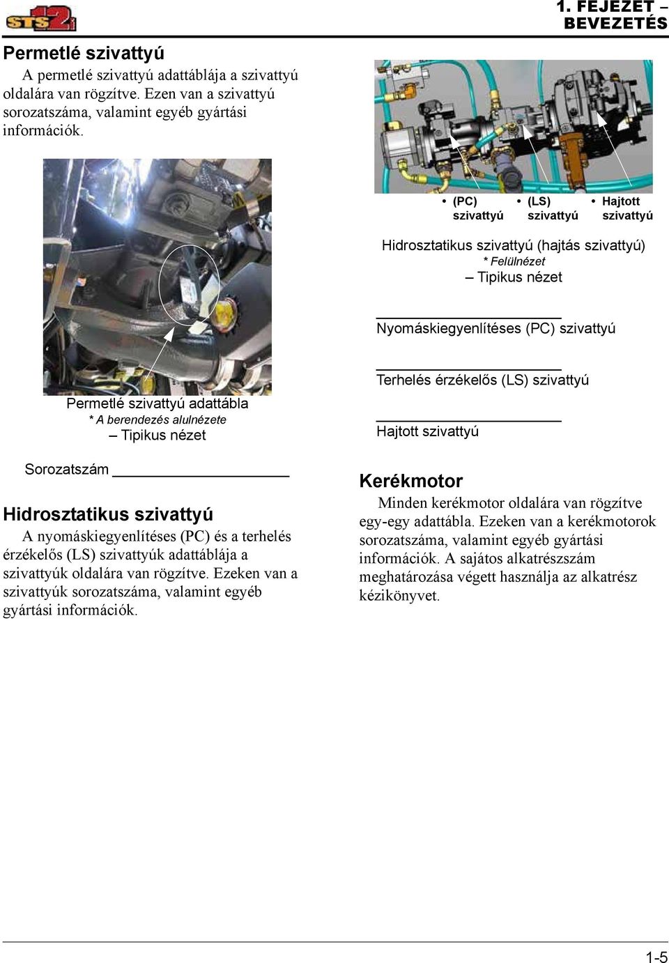 berendezés alulnézete Sorozatszám Hidrosztatikus szivattyú A nyomáskiegyenlítéses (PC) és a terhelés érzékelős (LS) szivattyúk adattáblája a szivattyúk oldalára van rögzítve.