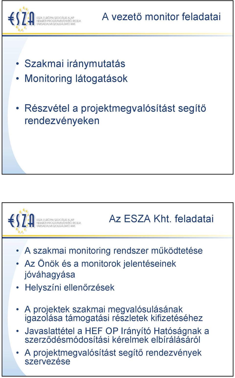 feladatai A szakmai monitoring rendszer működtetése Az Önök és a monitorok jelentéseinek jóváhagyása Helyszíni