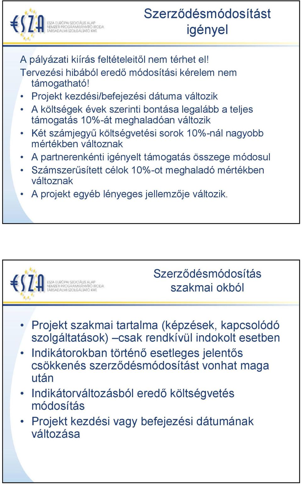 változnak A partnerenkénti igényelt támogatás összege módosul Számszerűsített célok 10%-ot meghaladó mértékben változnak A projekt egyéb lényeges jellemzője változik.
