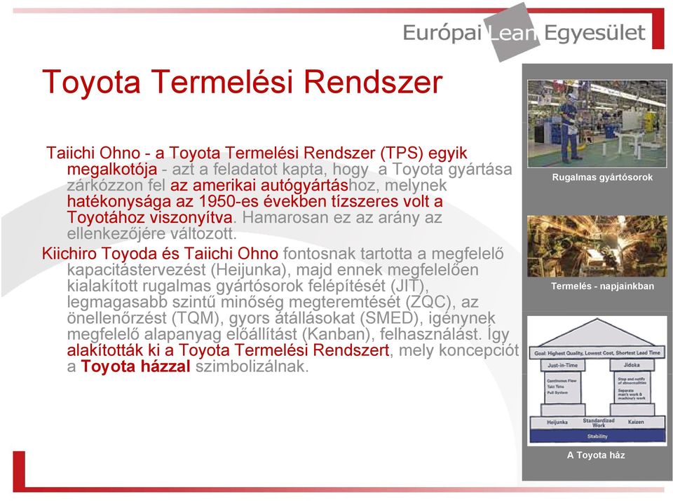 Kiichiro Toyoda és Taiichi Ohno fontosnak tartotta t tt a megfelelő lő kapacitástervezést (Heijunka), majd ennek megfelelően kialakított rugalmas gyártósorok felépítését (JIT), legmagasabb szintű