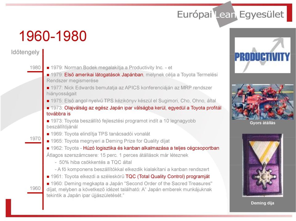 Első angol nyelvű TPS kézikönyv készül el Sugimori, Cho, Ohno, által 1973: Olajválság az egész Japán ipar válságba kerül, egyedül a Toyota profitál továbbra is 1973: Toyota beszállító fejlesztési