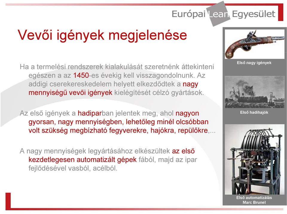 Első nagy igények Az első igények a hadiparban jelentek meg, ahol nagyon gyorsan, nagy mennyiségben, lehetőleg minél olcsóbban volt szükség megbízható