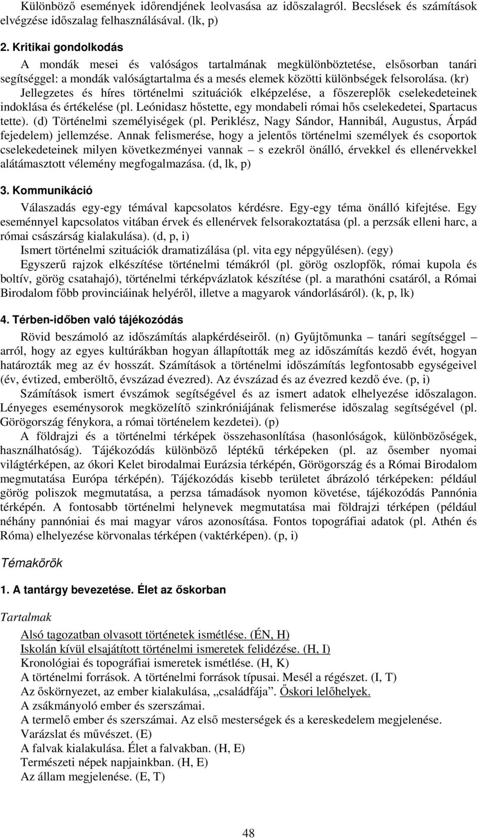 (kr) Jellegzetes és híres történelmi szituációk elképzelése, a főszereplők cselekedeteinek indoklása és értékelése (pl. Leónidasz hőstette, egy mondabeli római hős cselekedetei, Spartacus tette).