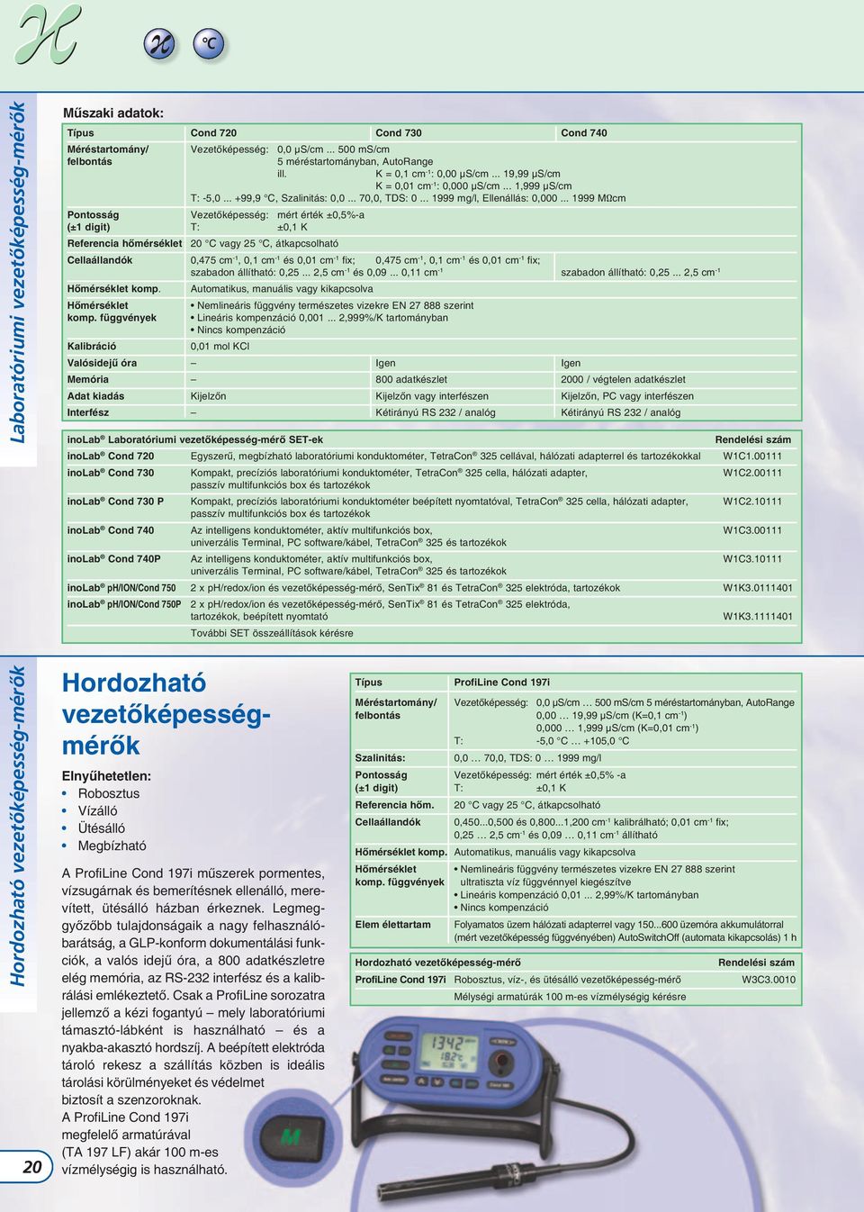 .. 1999 MΩcm Pontosság Vezetőképesség: mért érték ±0,5%-a (±1 digit) T: ±0,1 K Referencia hőmérséklet 20 C vagy 25 C, átkapcsolható Cellaállandók 0,475 cm -1, 0,1 cm -1 és 0,01 cm -1 fix; 0,475 cm