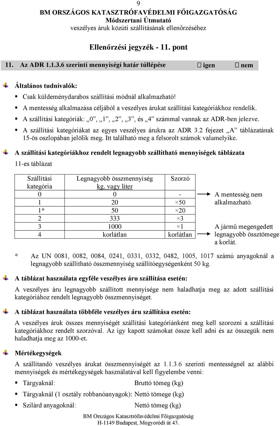 A mentesség alkalmazása céljából a veszélyes árukat szállítási kategóriákhoz rendelik. A szállítási kategóriák: 0, 1, 2, 3, és 4 számmal vannak az ADR-ben jelezve.