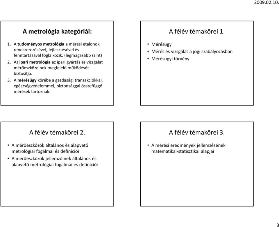 A mérésügy körébe a gazdasági tranzakciókkal, egészségvédelemmel, biztonsággal összefüggő mérések tartoznak. A félév témakörei 1.