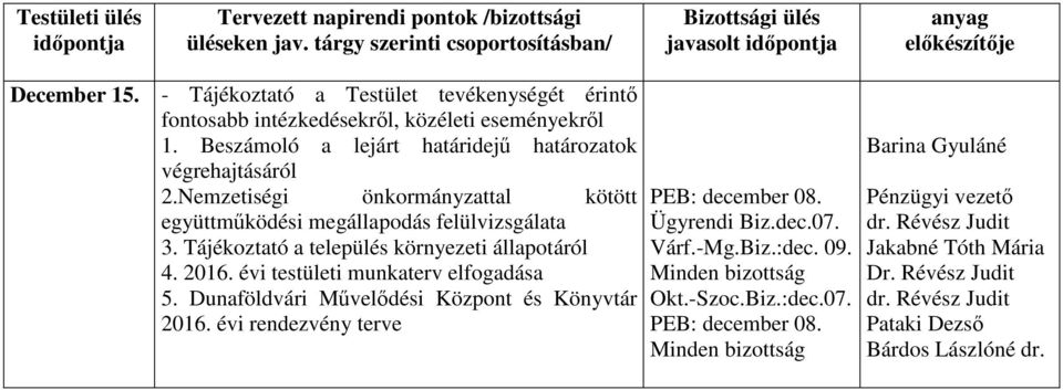 2016. évi testületi munkaterv elfogadása 5. Dunaföldvári Művelődési Központ és Könyvtár 2016. évi rendezvény terve PEB: december 08.