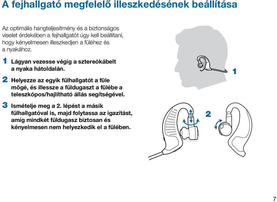 2 Helyezze az egyik fülhallgatót a füle mögé, és illessze a füldugaszt a fülébe a teleszkópos/hajlítható állás segítségével.