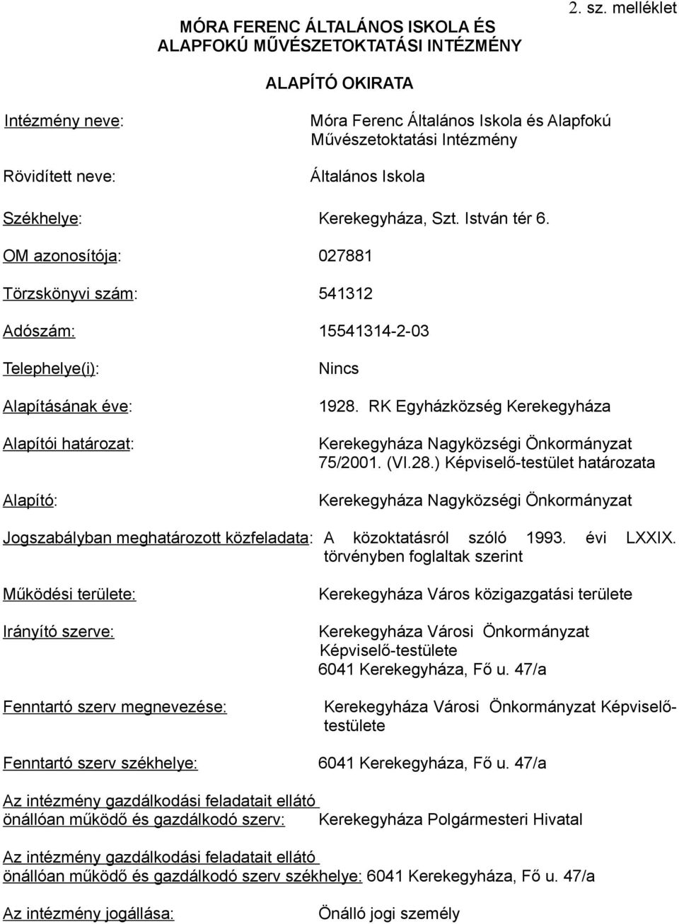 OM azonosítója: 027881 Törzskönyvi szám: 541312 Adószám: 15541314-2-03 Telephelye(i): Alapításának éve: Alapítói határozat: Nincs 1928.