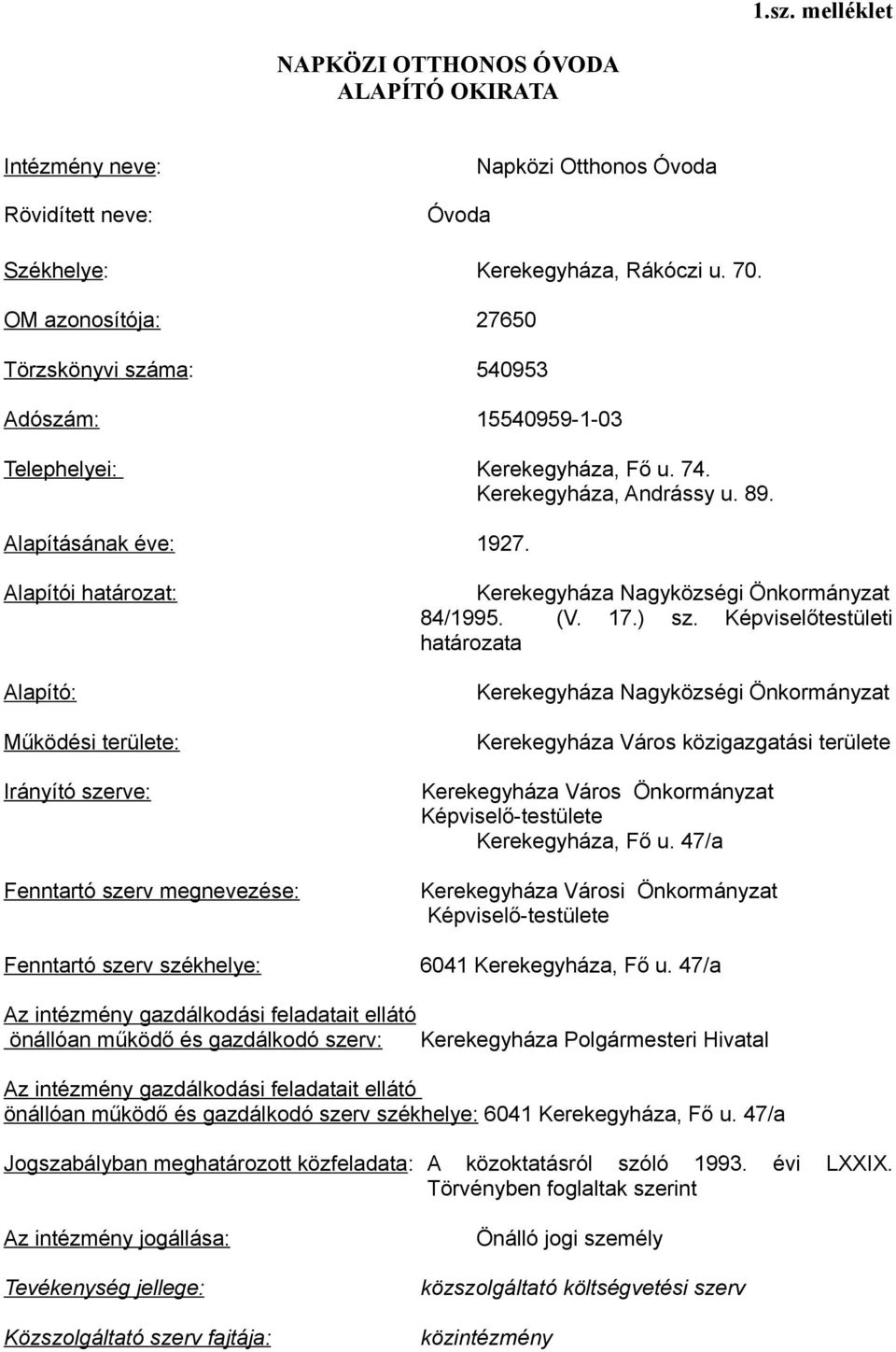 Alapítói határozat: Alapító: Működési területe: Kerekegyháza Nagyközségi Önkormányzat 84/1995. (V. 17.) sz.