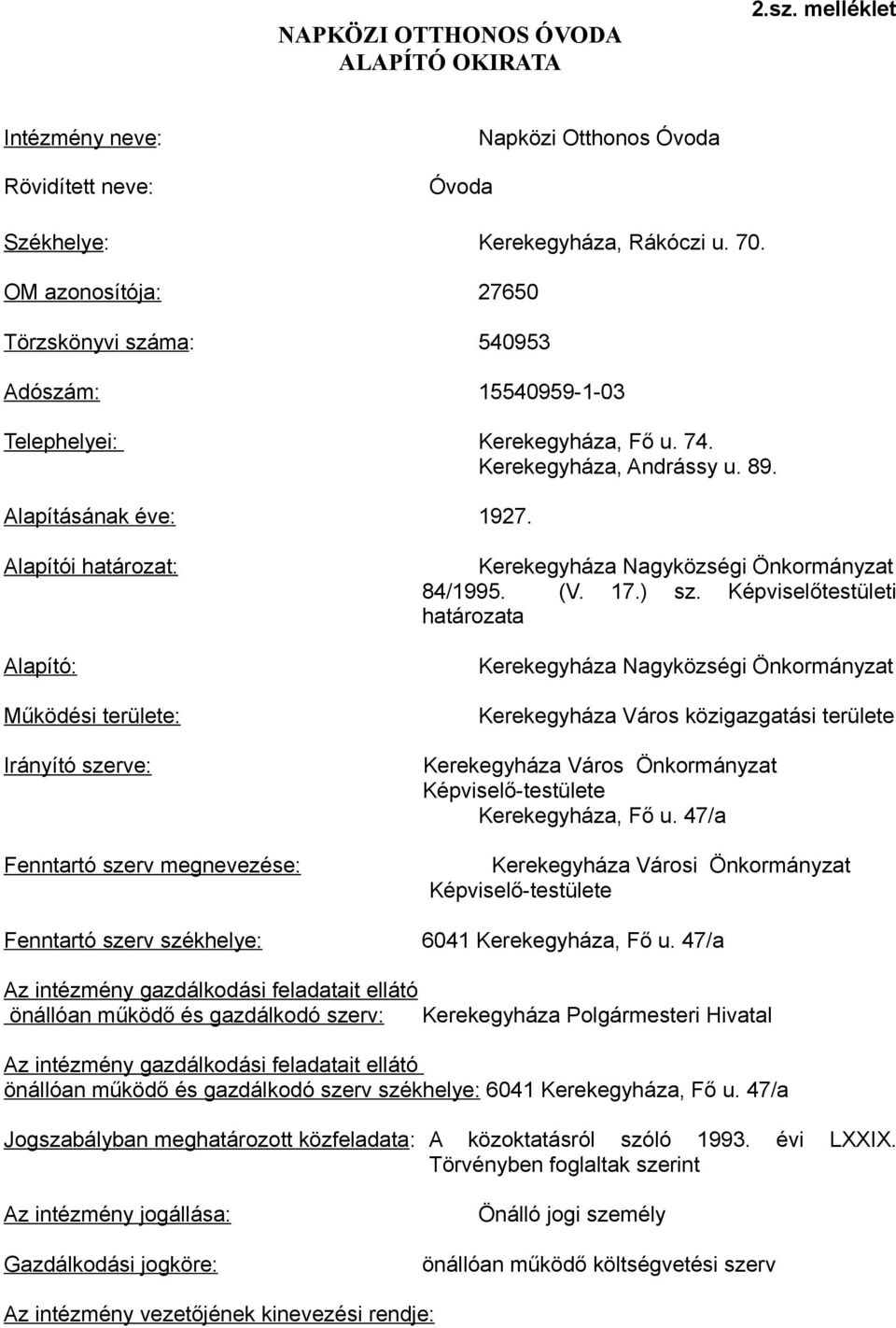 Alapítói határozat: Alapító: Működési területe: Kerekegyháza Nagyközségi Önkormányzat 84/1995. (V. 17.) sz.