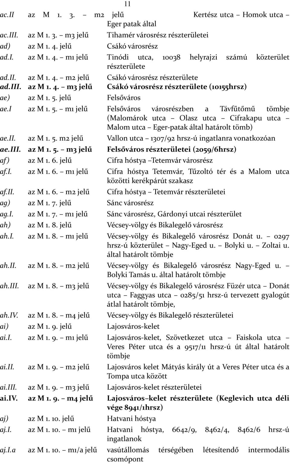 5. jelű Felsőváros ae.i az M 1. 5. m1 jelű Felsőváros városrészben a Távfűtőmű tömbje (Malomárok utca Olasz utca Cifrakapu utca Malom utca Eger-patak által határolt tömb) ae.ii. az M 1. 5. m2 jelű Vallon utca 1307/92 hrsz-ú ingatlanra vonatkozóan ae.