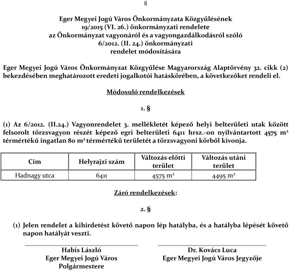 cikk (2) bekezdésében meghatározott eredeti jogalkotói hatáskörében, a következőket rendeli el. Módosuló rendelkezések 1. (1) Az 6/2012. (II.24.) Vagyonrendelet 3.