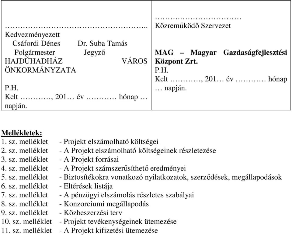 sz. melléklet - A Projekt számszerűsíthető eredményei 5. sz. melléklet - Biztosítékokra vonatkozó nyilatkozatok, szerződések, megállapodások 6. sz. melléklet - Eltérések listája 7. sz. melléklet - A pénzügyi elszámolás részletes szabályai 8.