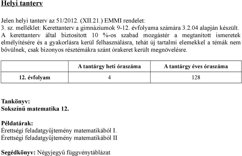 a témák nem bővülnek, csak bizonyos résztémákra szánt órakeret került megnövelésre. A tantárgy heti óraszáma A tantárgy éves óraszáma 12.