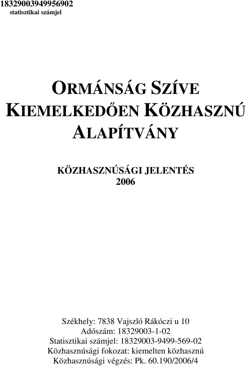 Rákóczi u 1 Adószám: 183293-1-2 Statisztikai számjel: