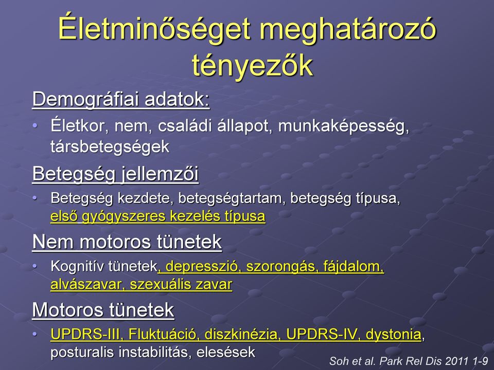 típusa Nem motoros tünetek Kognitív tünetek, depresszió, szorongás, fájdalom, alvászavar, szexuális zavar Motoros