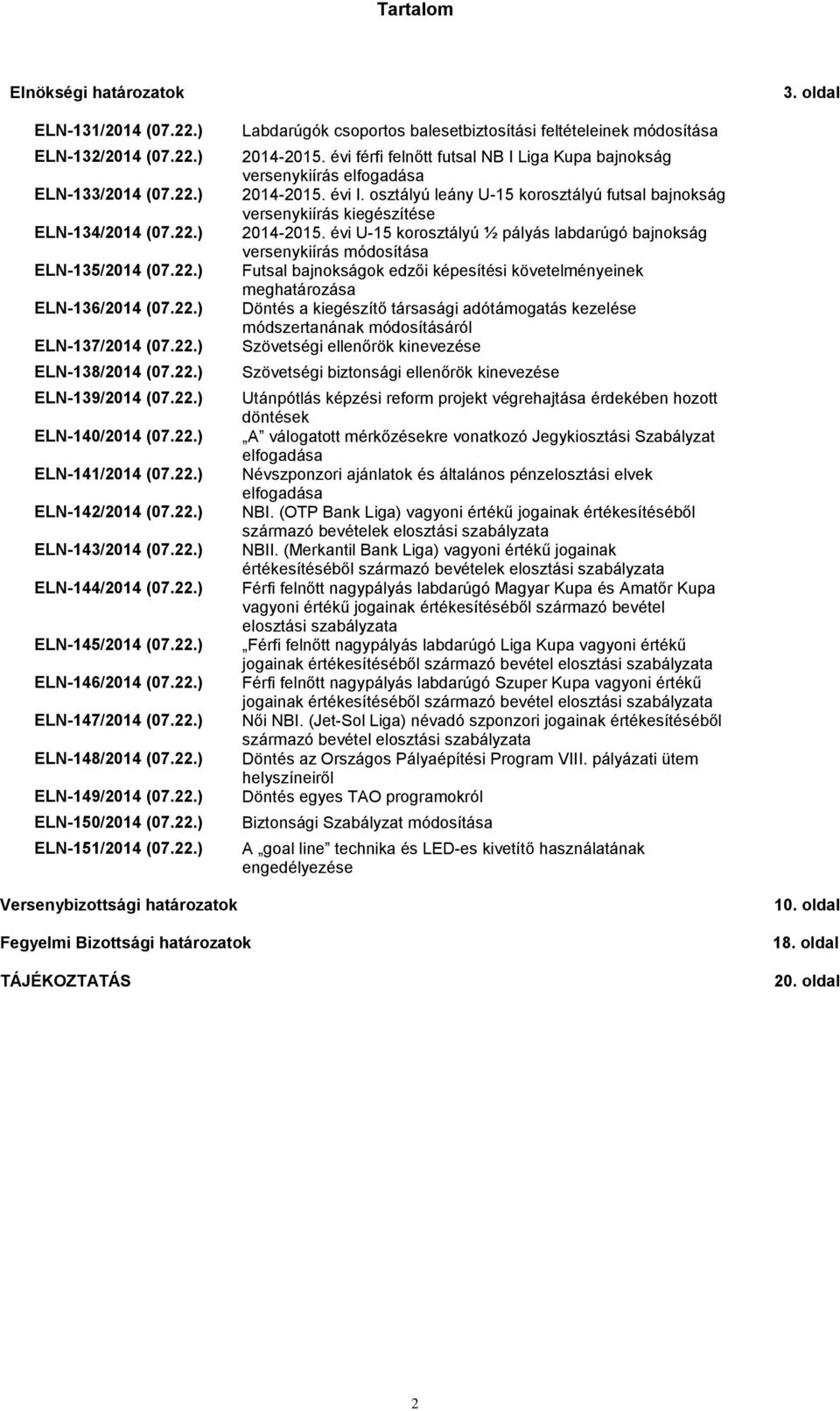 22.) ELN-148/2014 (07.22.) ELN-149/2014 (07.22.) ELN-150/2014 (07.22.) ELN-151/2014 (07.22.) Labdarúgók csoportos balesetbiztosítási feltételeinek módosítása 2014-2015.