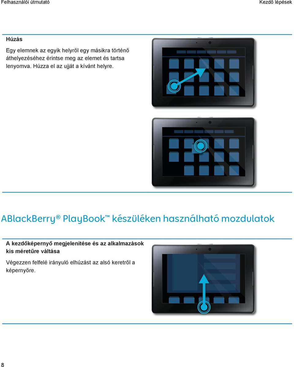 ABlackBerry PlayBook készüléken használható mozdulatok A kezdőképernyő megjelenítése és