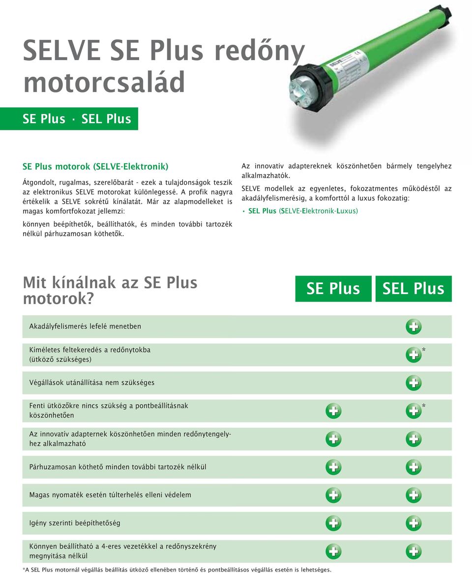 SELVE modellek az egyenletes, fokozatmentes mûködéstõl az akadályfelismerésig, a komforttól a luxus fokozatig: SEL Plus (SELVE-Elektronik-Luxus) könnyen beépíthetõk, beállíthatók, és minden további