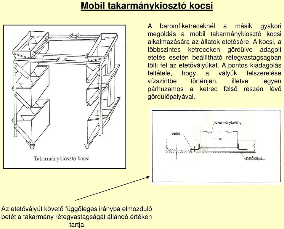 A kocsi, a többszintes ketreceken gördülve adagolt etetés esetén beállítható rétegvastagságban tölti fel az etetővályúkat.