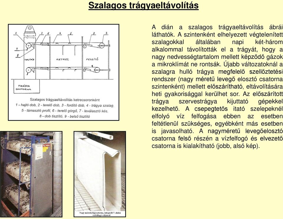 Újabb változatoknál a szalagra hulló trágya megfelelő szellőztetési rendszer (nagy méretű levegő elosztó csatorna szintenként) mellett előszárítható, eltávolítására heti gyakorisággal kerülhet sor.