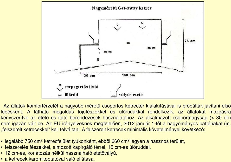 Az alkalmazott csoportnagyság (> 30 db) nem igazán vált be. Az EU irányelveknek megfelelően, 2012 január 1-től a hagyományos battériákat ún. felszerelt ketrecekkel kell felváltani.