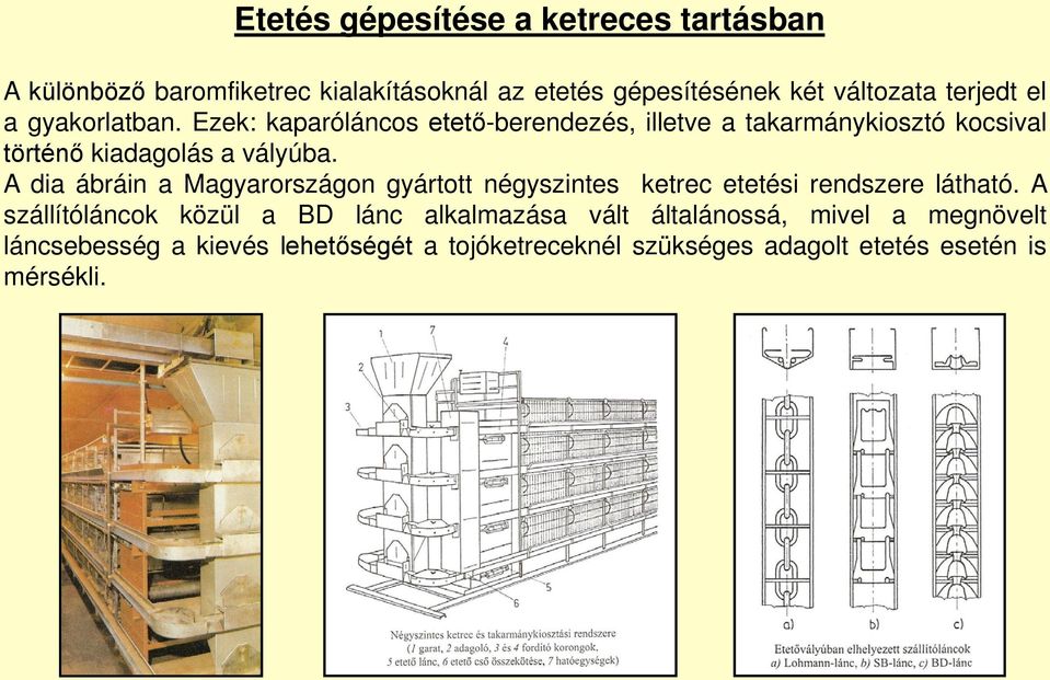 A dia ábráin a Magyarországon gyártott négyszintes ketrec etetési rendszere látható.