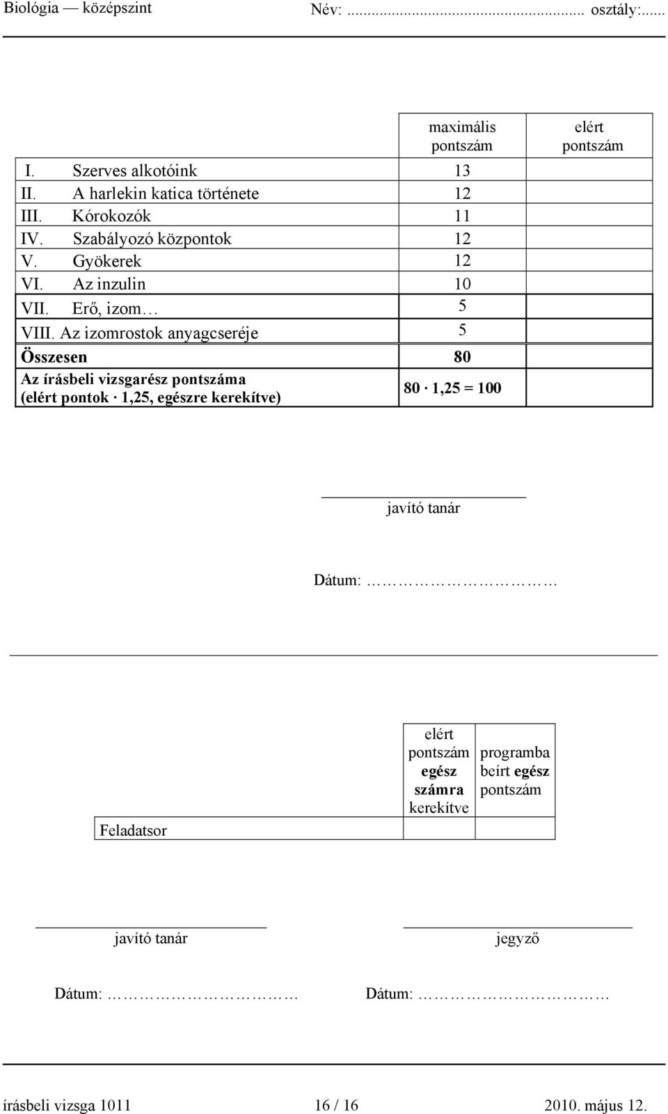 Az izomrostok anyagcseréje 5 Összesen 80 Az írásbeli vizsgarész pontszáma (elért pontok 1,25, egészre kerekítve) 80 1,25 =