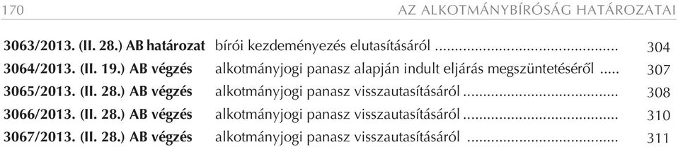 .. 307 3065/2013. (II. 28.) AB végzés alkotmányjogi panasz visszautasításáról... 308 3066/2013. (II. 28.) AB végzés alkotmányjogi panasz visszautasításáról... 310 3067/2013.