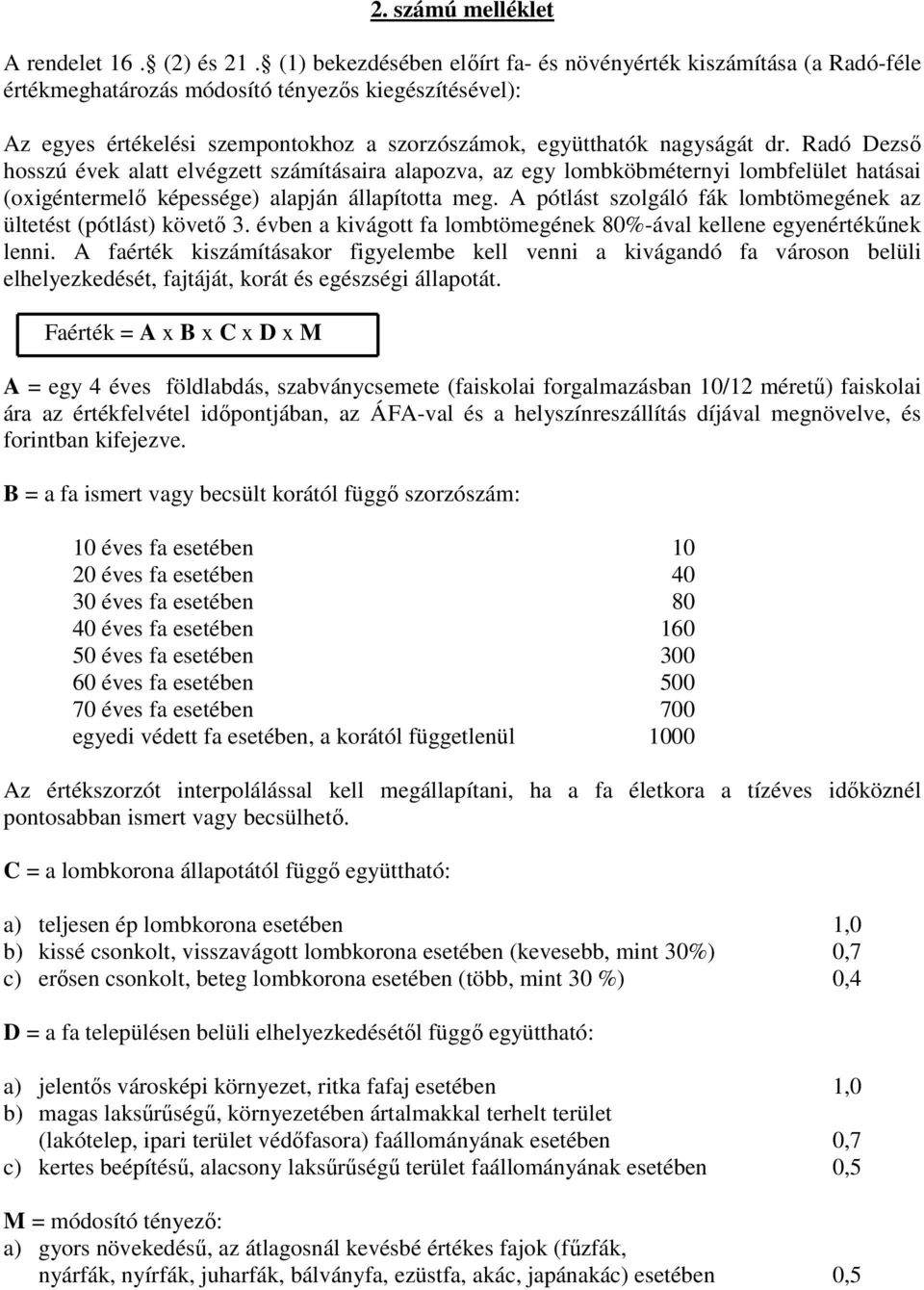 Radó Dezső hosszú évek alatt elvégzett számításaira alapozva, az egy lombköbméternyi lombfelület hatásai (oxigéntermelő képessége) alapján állapította meg.