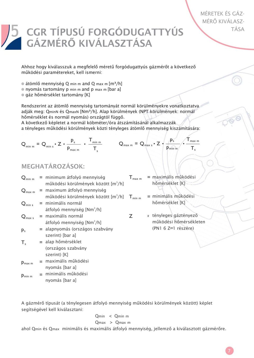 adják meg: QminN és Q maxn [Nm³/h]. Alap körülmények (NPT körülmények: normál hõmérséklet és normál nyomás) országtól függõ.