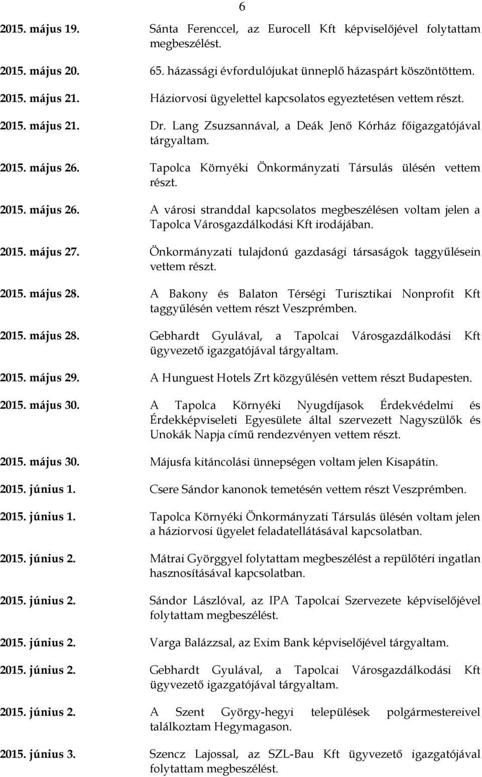 Tapolca Környéki Önkormányzati Társulás ülésén vettem részt. 2015. május 26. A városi stranddal kapcsolatos megbeszélésen voltam jelen a Tapolca Városgazdálkodási Kft irodájában. 2015. május 27.