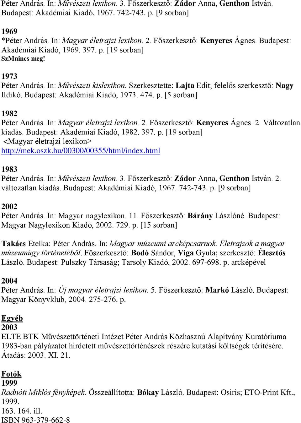 Szerkesztette: Lajta Edit; felelős szerkesztő: Nagy Ildikó. Budapest: Akadémiai Kiadó, 1973. 474. p. [5 sorban] 1982 Péter András. In: Magyar életrajzi lexikon. 2. Főszerkesztő: Kenyeres Ágnes. 2. Változatlan kiadás.