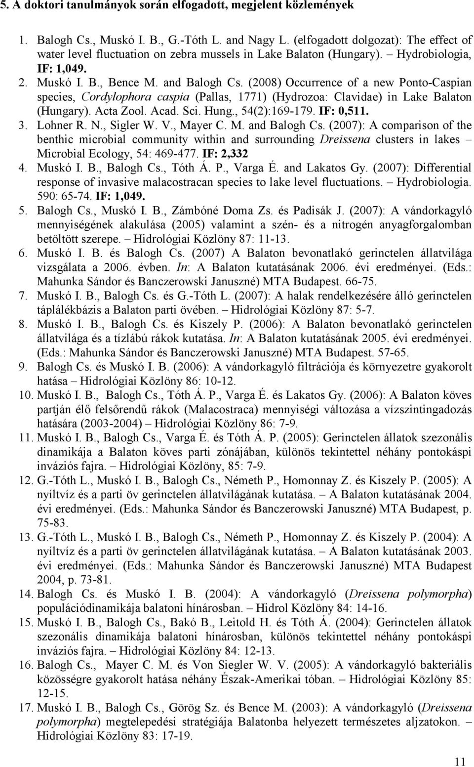 (2008) Occurrence of a new Ponto-Caspian species, Cordylophora caspia (Pallas, 1771) (Hydrozoa: Clavidae) in Lake Balaton (Hungary). Acta Zool. Acad. Sci. Hung., 54(2):169-179. IF: 0,511. 3. Lohner R.