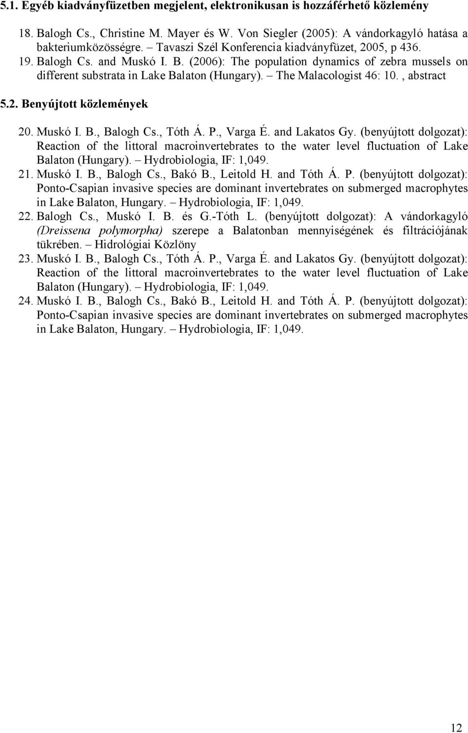The Malacologist 46: 10., abstract 5.2. Benyújtott közlemények 20. Muskó I. B., Balogh Cs., Tóth Á. P., Varga É. and Lakatos Gy.