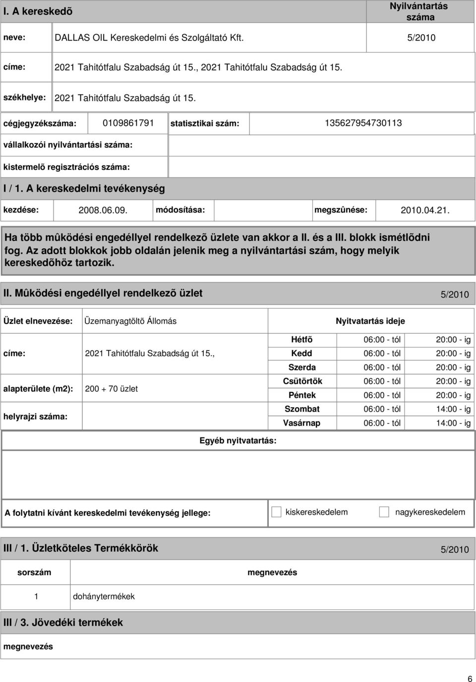 04.2. II. Mûködési engedéllyel rendelkezõ üzlet 5/200 Üzemanyagtöltõ Állomás címe: 202 Tahitótfalu Szabadság út 5.