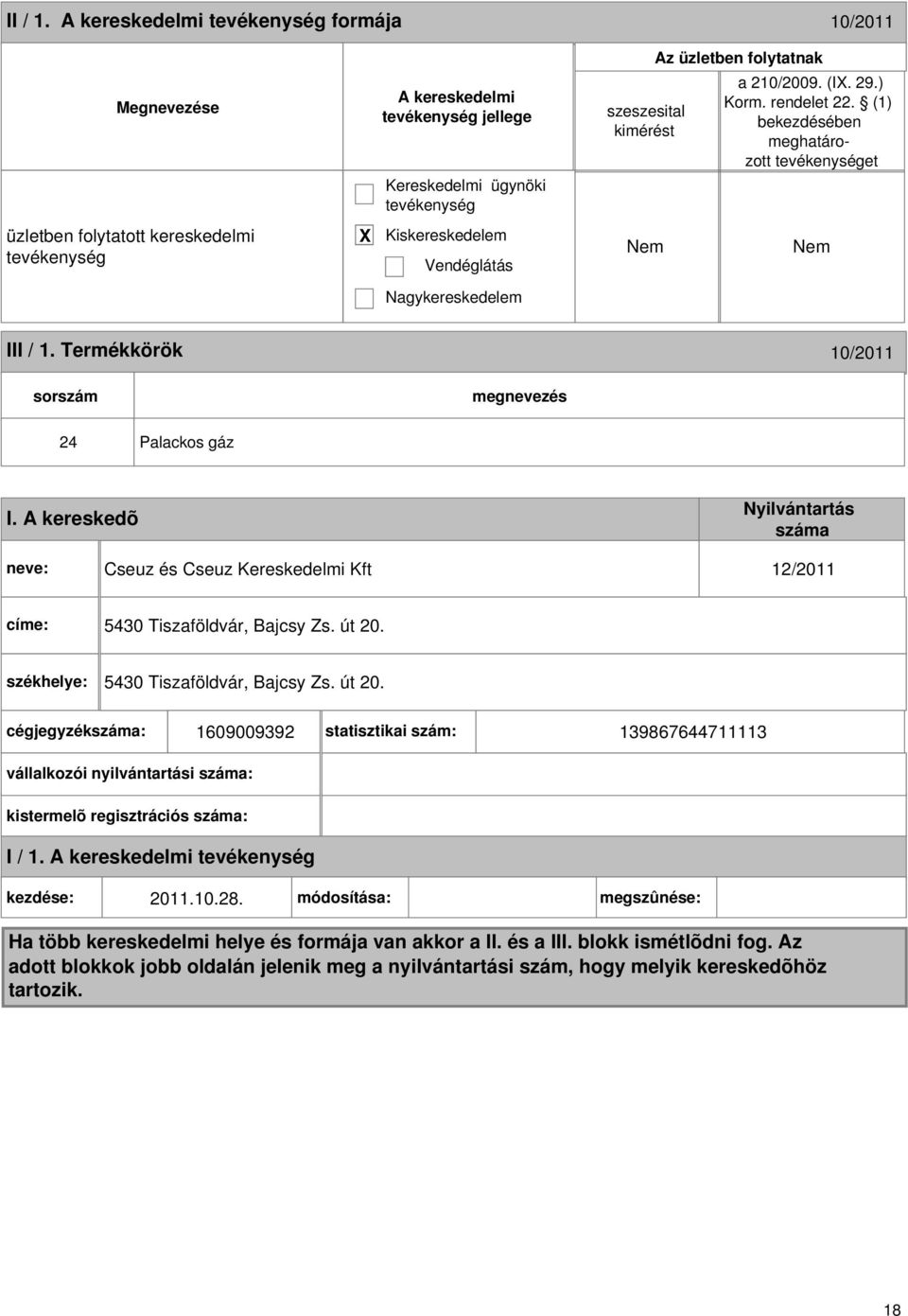 A kereskedõ Nyilvántartás száma neve: Cseuz és Cseuz Kereskedelmi Kft 12/2011 címe: 5430 Tiszaföldvár, Bajcsy Zs. út 20.