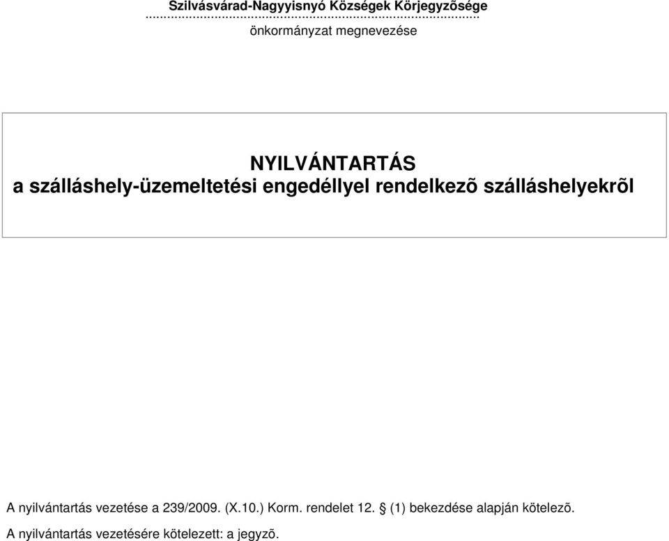 engedéllyel rendelkezõ szálláshelyekrõl A nyilvántartás vezetése a