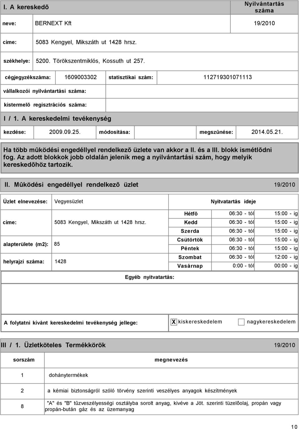 Mûködési engedéllyel rendelkezõ üzlet 19/2010 Vegyesüzlet címe: 5083 Kengyel, Mikszáth ut 1428 hrsz.