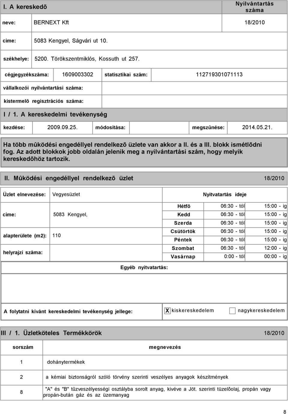 Mûködési engedéllyel rendelkezõ üzlet 18/2010 Vegyesüzlet címe: 5083 Kengyel, alapterülete (m2): 110 helyrajzi : 06:30 - tól 15:00 - ig 06:30 - tól 15:00 - ig 06:30 - tól 15:00 - ig 06:30 - tól