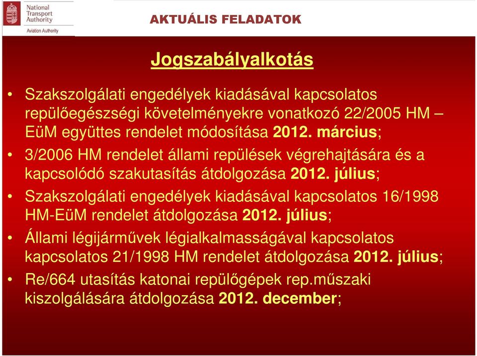 július; Szakszolgálati engedélyek kiadásával kapcsolatos 16/1998 HM-EüM rendelet átdolgozása 2012.