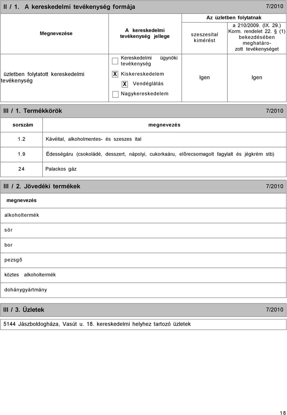 szeszesital kimérést Igen Az üzletben folytatnak a 210/2009. (I. 29.) Korm. rendelet 22. (1) bekezdésében meghatározott et Igen I Termékkörök 7/2010 sorszám 1.