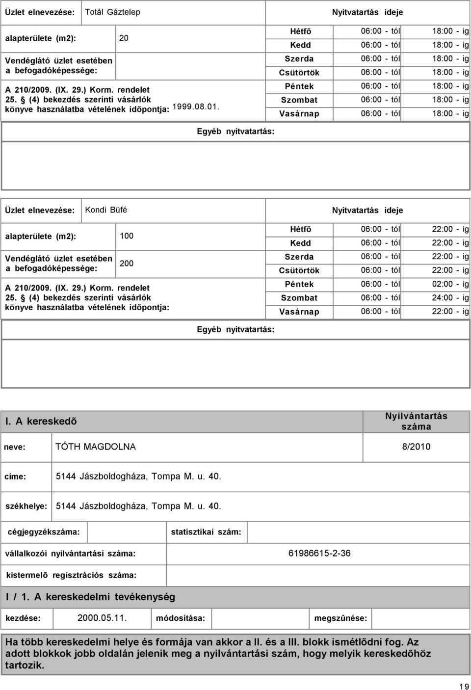 Egyéb nyitvatartás: Hétfõ Kedd Szerda Csütörtök Péntek Szombat Vasárnap 06:00 - tól 18:00 - ig 06:00 - tól 18:00 - ig 06:00 - tól 18:00 - ig 06:00 - tól 18:00 - ig 06:00 - tól 18:00 - ig 06:00 - tól