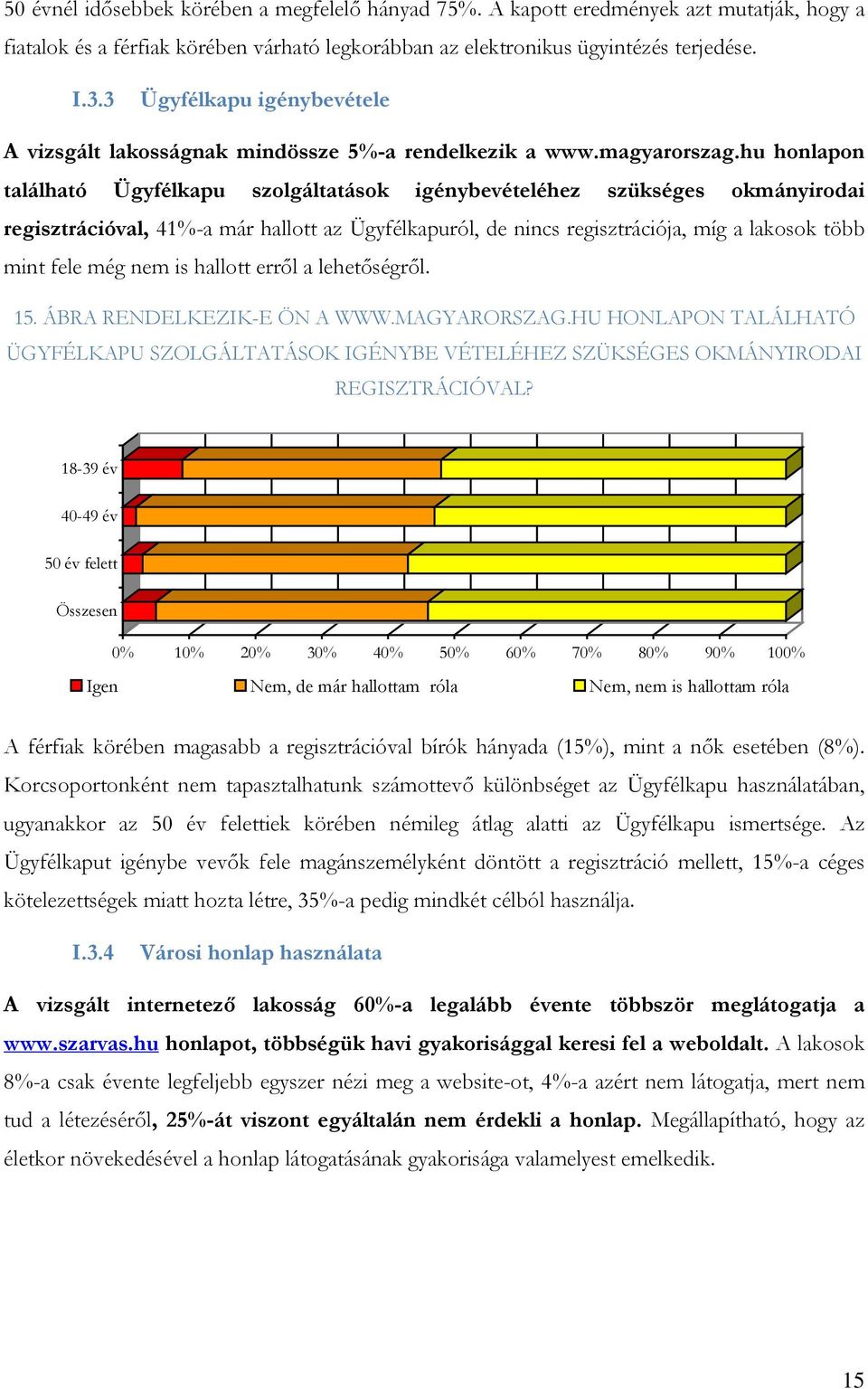 hu honlapon található Ügyfélkapu szolgáltatások igénybevételéhez szükséges okmányirodai regisztrációval, 41%-a már hallott az Ügyfélkapuról, de nincs regisztrációja, míg a lakosok több mint fele még