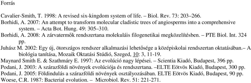 2008: A zárvatermık rendszertana molekuláis filogenetikai megközelítésben. PTE Biol. Int. 324 pp. Juhász M.